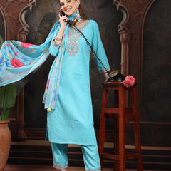 Women Turquoise Blue  Floral Embroidered Regular Thread Work Pure Cotton Kurta with Trousers & With Dupatta
