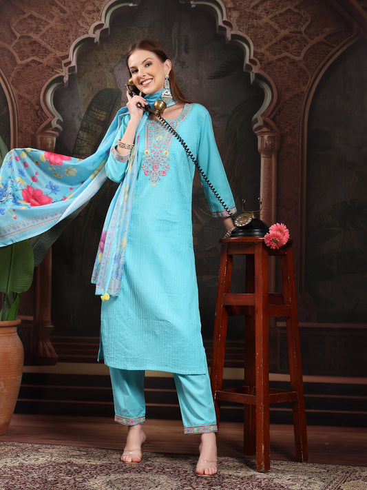 Women Turquoise Blue Floral Embroidered Regular Thread Work Pure Cotton Kurta with Trousers & With Dupatta