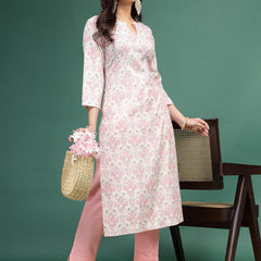 Women Floral Printed Cotton Notch Neck Straight Kurta