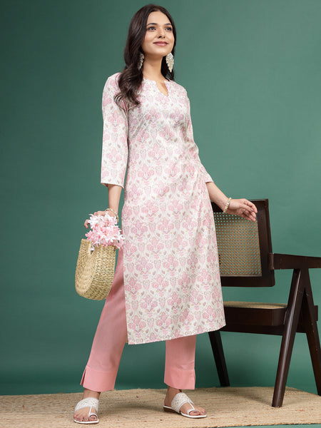 Women Floral Printed Cotton Notch Neck Straight Kurta