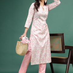 Women Floral Printed Cotton Notch Neck Straight Kurta