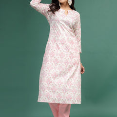Women Floral Printed Cotton Notch Neck Straight Kurta