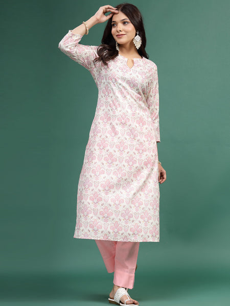 Women Floral Printed Cotton Notch Neck Straight Kurta