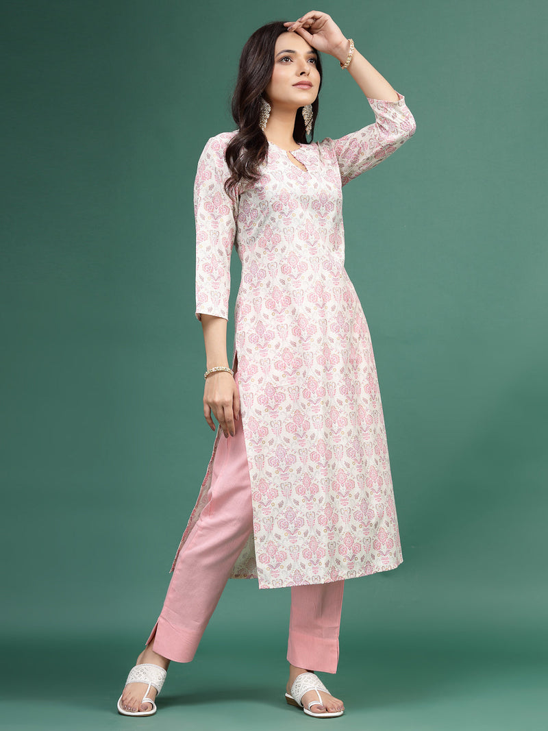 Women Floral Printed Cotton Notch Neck Straight Kurta