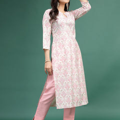 Women Floral Printed Cotton Notch Neck Straight Kurta