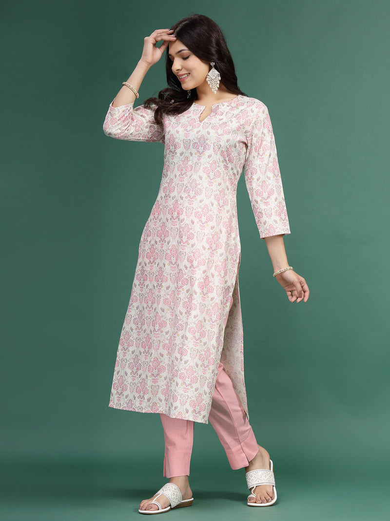 Women Floral Printed Cotton Notch Neck Straight Kurta