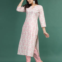 Women Floral Printed Cotton Notch Neck Straight Kurta