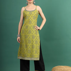 Women Green Bandhani Embroidered Shoulder Straps Sequinned Kurta With Palazzo & Dupatta