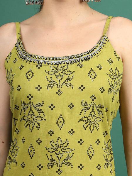 Women Green Bandhani Embroidered Shoulder Straps Sequinned Kurta With Palazzo & Dupatta