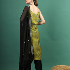 Women Green Bandhani Embroidered Shoulder Straps Sequinned Kurta With Palazzo & Dupatta