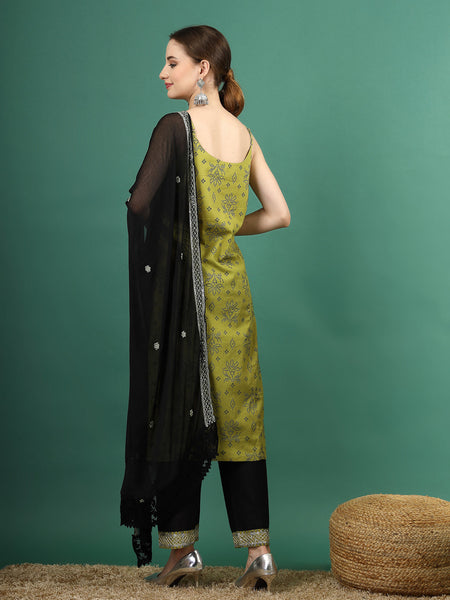 Women Green Bandhani Embroidered Shoulder Straps Sequinned Kurta With Palazzo & Dupatta