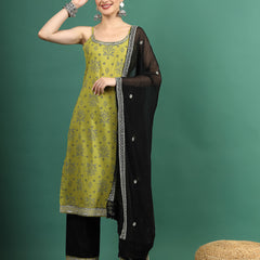 Women Green Bandhani Embroidered Shoulder Straps Sequinned Kurta With Palazzo & Dupatta