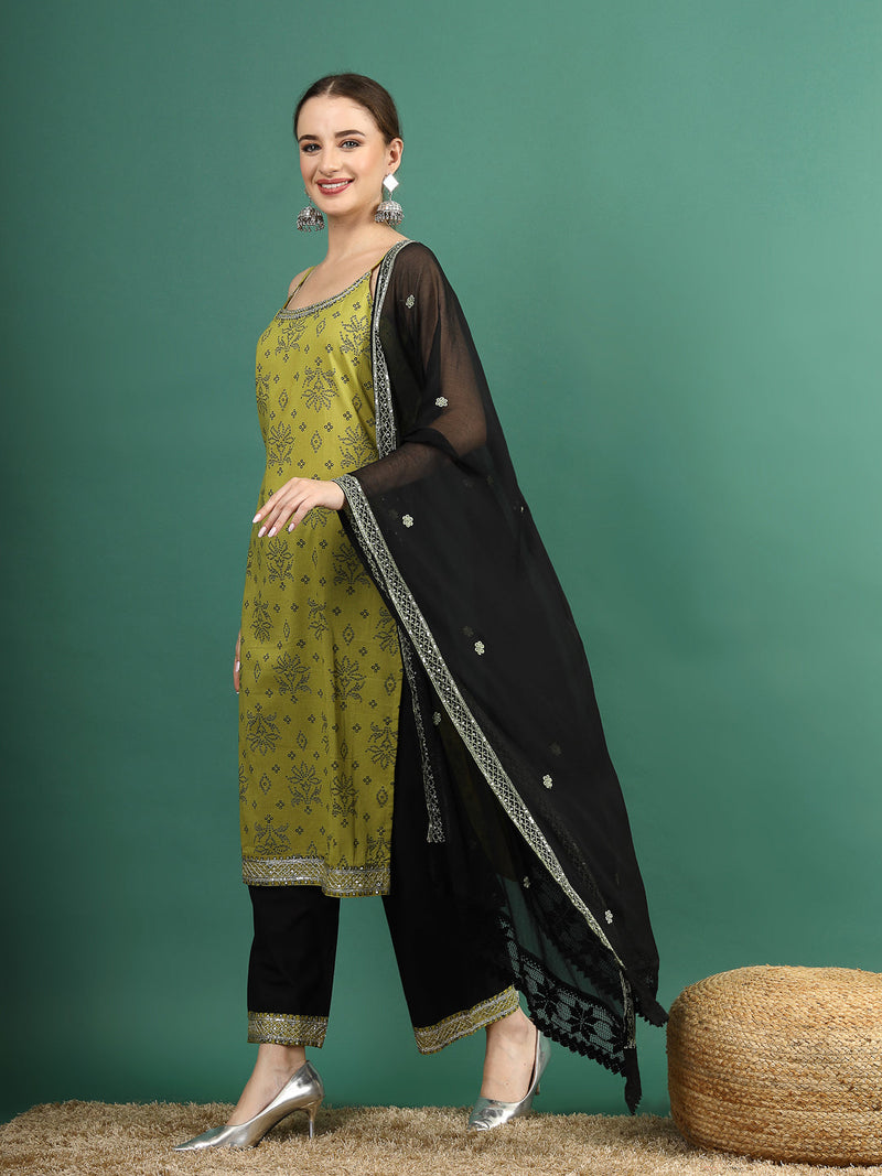 Women Green Bandhani Embroidered Shoulder Straps Sequinned Kurta With Palazzo & Dupatta