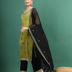 Women Green Bandhani Embroidered Shoulder Straps Sequinned Kurta With Palazzo & Dupatta