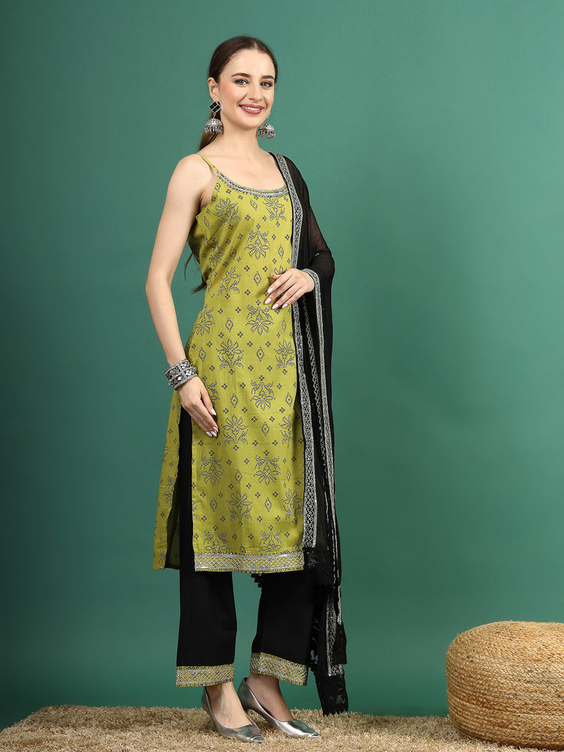 Women Green Bandhani Embroidered Shoulder Straps Sequinned Kurta With Palazzo & Dupatta