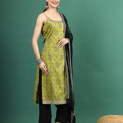 Women Green Bandhani Embroidered Shoulder Straps Sequinned Kurta With Palazzo & Dupatta