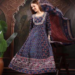 Women Floral Printed Panelled Thread Work Pure Cotton Kurta with Trousers & With Dupatta