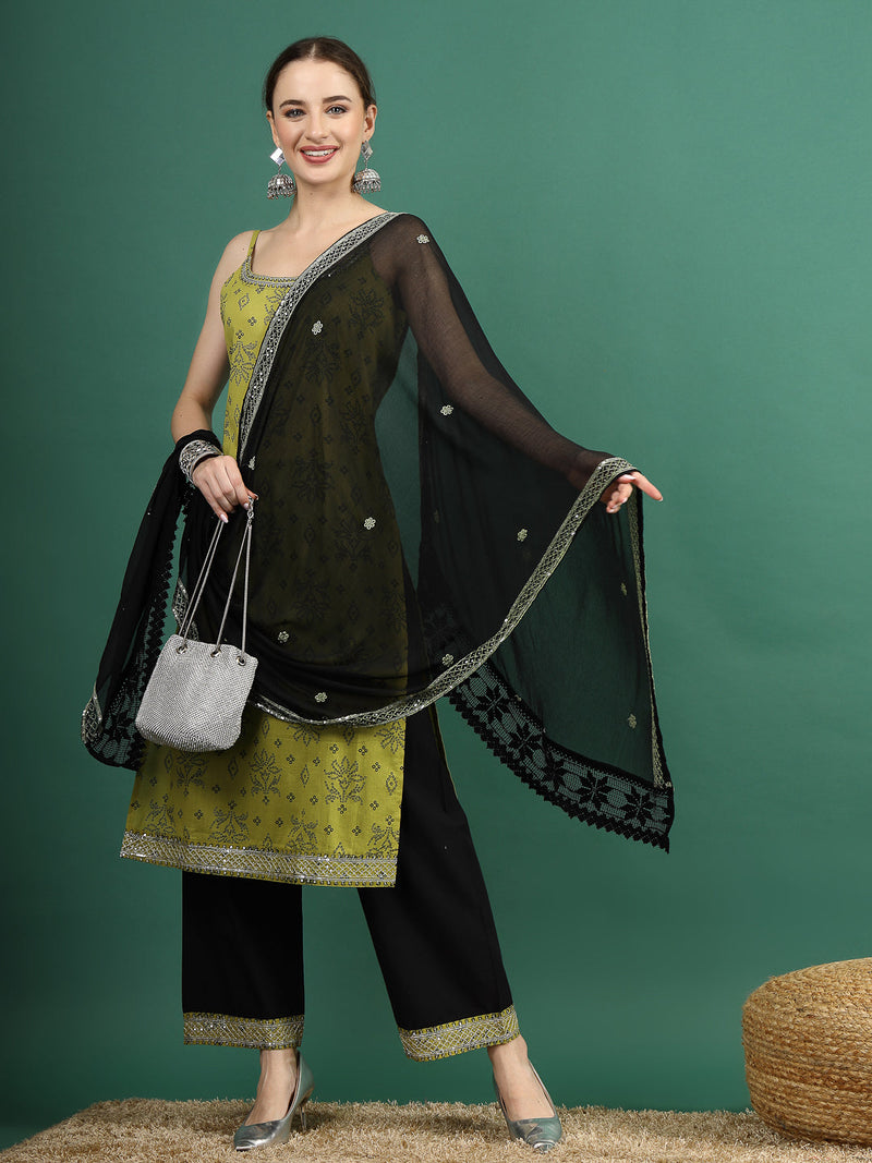 Women Green Bandhani Embroidered Shoulder Straps Sequinned Kurta With Palazzo & Dupatta