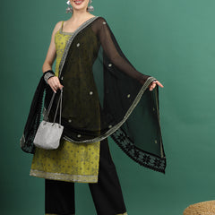 Women Green Bandhani Embroidered Shoulder Straps Sequinned Kurta With Palazzo & Dupatta