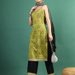 Women Green Bandhani Embroidered Shoulder Straps Sequinned Kurta With Palazzo & Dupatta