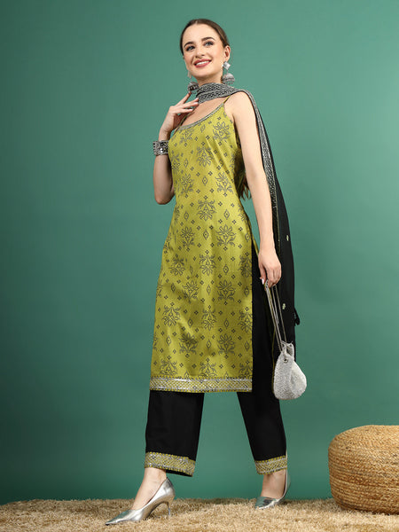 Women Green Bandhani Embroidered Shoulder Straps Sequinned Kurta With Palazzo & Dupatta