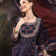 Women Floral Printed Panelled Thread Work Pure Cotton Kurta with Trousers & With Dupatta