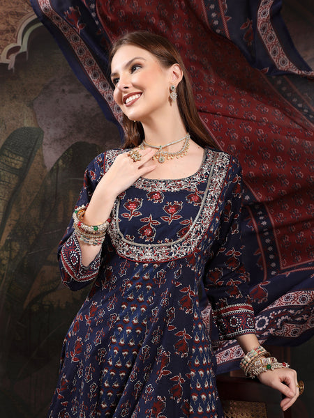 Women Floral Printed Panelled Thread Work Pure Cotton Kurta with Trousers & With Dupatta