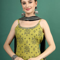 Women Green Bandhani Embroidered Shoulder Straps Sequinned Kurta With Palazzo & Dupatta