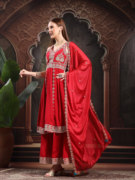Women Ethnic Motifs Embroidered Tiered Thread Work Kurta with Trousers & With Dupatta