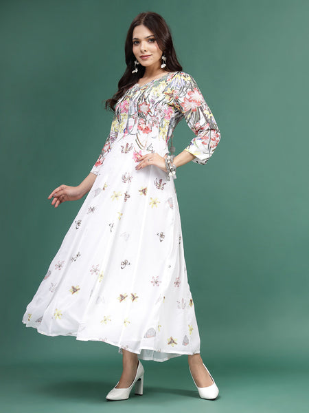 Women White Floral Printed Square Neck A-Line Ethnic Dress