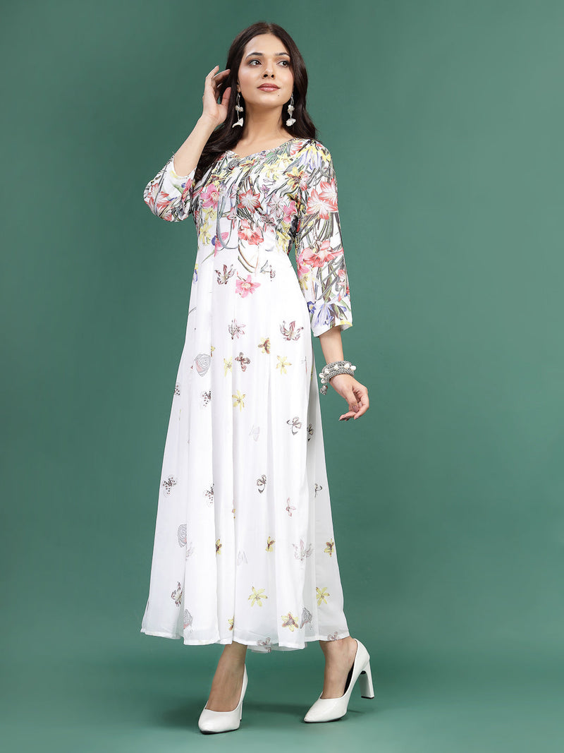 Women White Floral Printed Square Neck A-Line Ethnic Dress