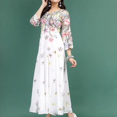 Women White Floral Printed Square Neck A-Line Ethnic Dress