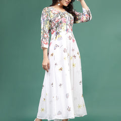 Women White Floral Printed Square Neck A-Line Ethnic Dress