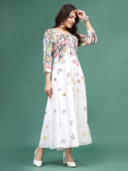 Women White Floral Printed Square Neck A-Line Ethnic Dress