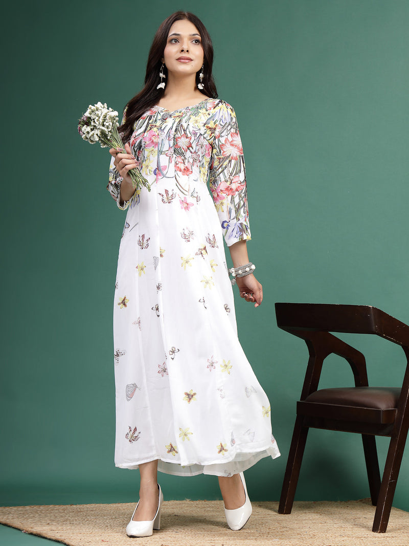 Women White Floral Printed Square Neck A-Line Ethnic Dress