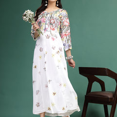 Women White Floral Printed Square Neck A-Line Ethnic Dress