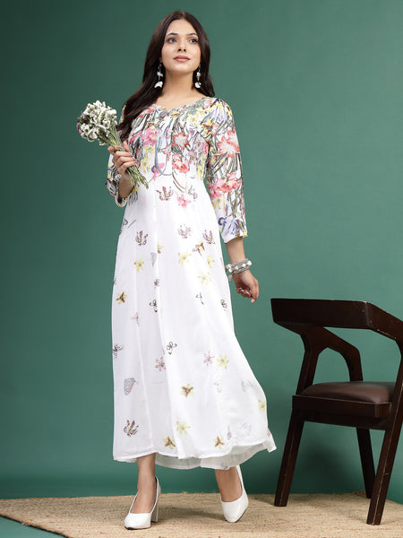 Women White Floral Printed Square Neck A-Line Ethnic Dress