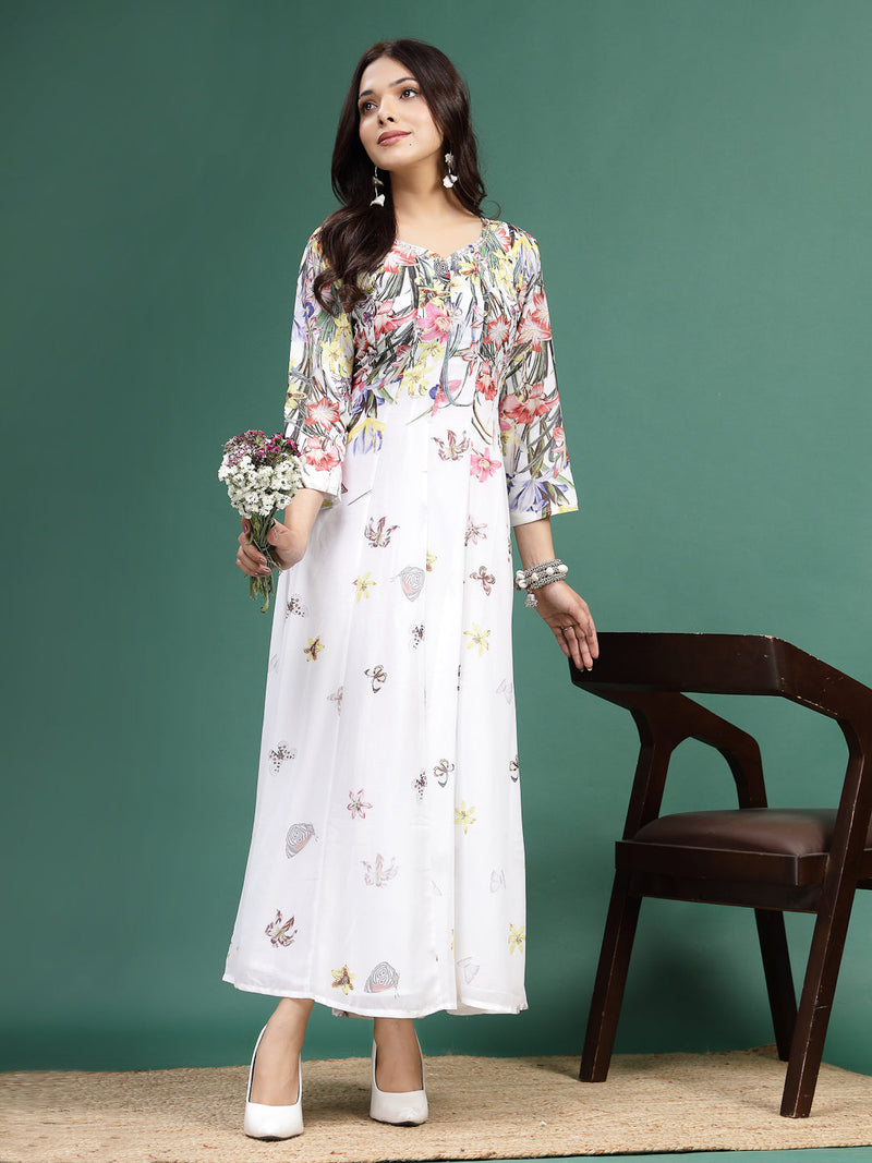 Women White Floral Printed Square Neck A-Line Ethnic Dress