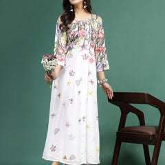 Women White Floral Printed Square Neck A-Line Ethnic Dress