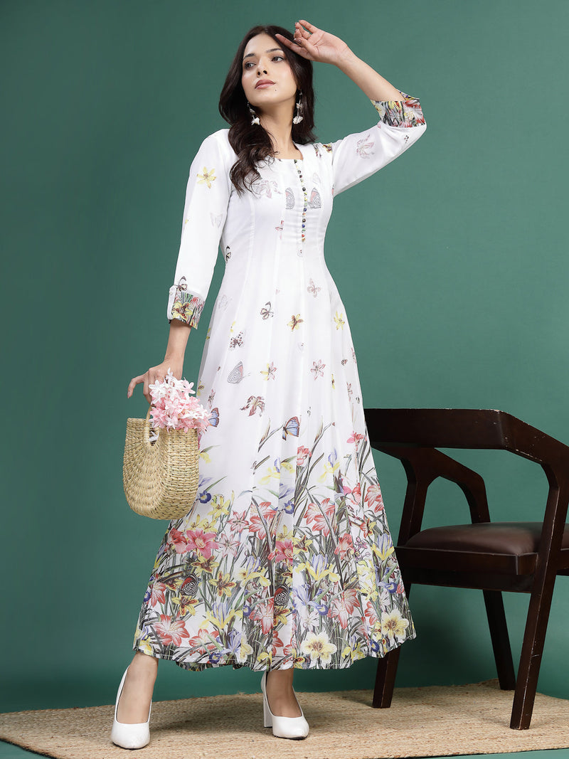 Women White Floral Printed A-Line Ethnic Dress