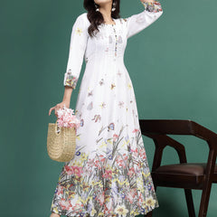 Women White Floral Printed A-Line Ethnic Dress