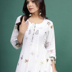 Women White Floral Printed A-Line Ethnic Dress