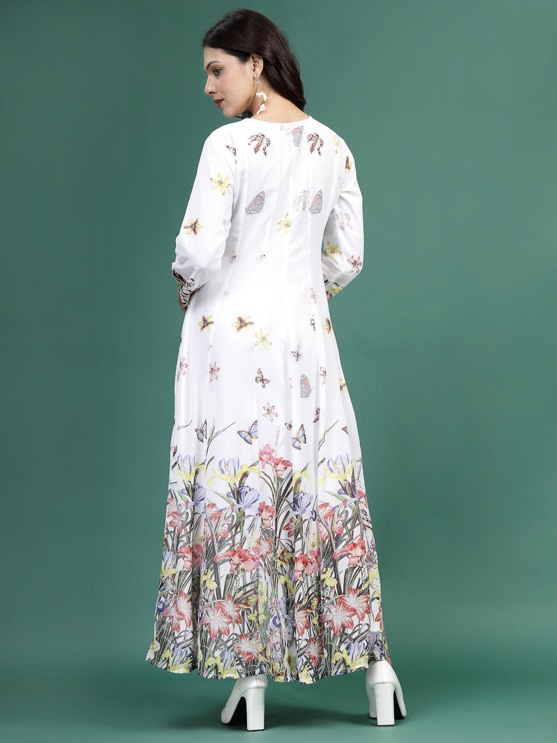 Women White Floral Printed A-Line Ethnic Dress