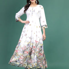 Women White Floral Printed A-Line Ethnic Dress