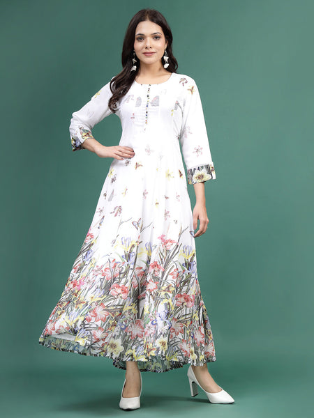 Women White Floral Printed A-Line Ethnic Dress