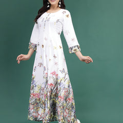 Women White Floral Printed A-Line Ethnic Dress