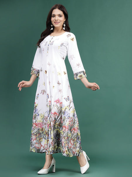 Women White Floral Printed A-Line Ethnic Dress