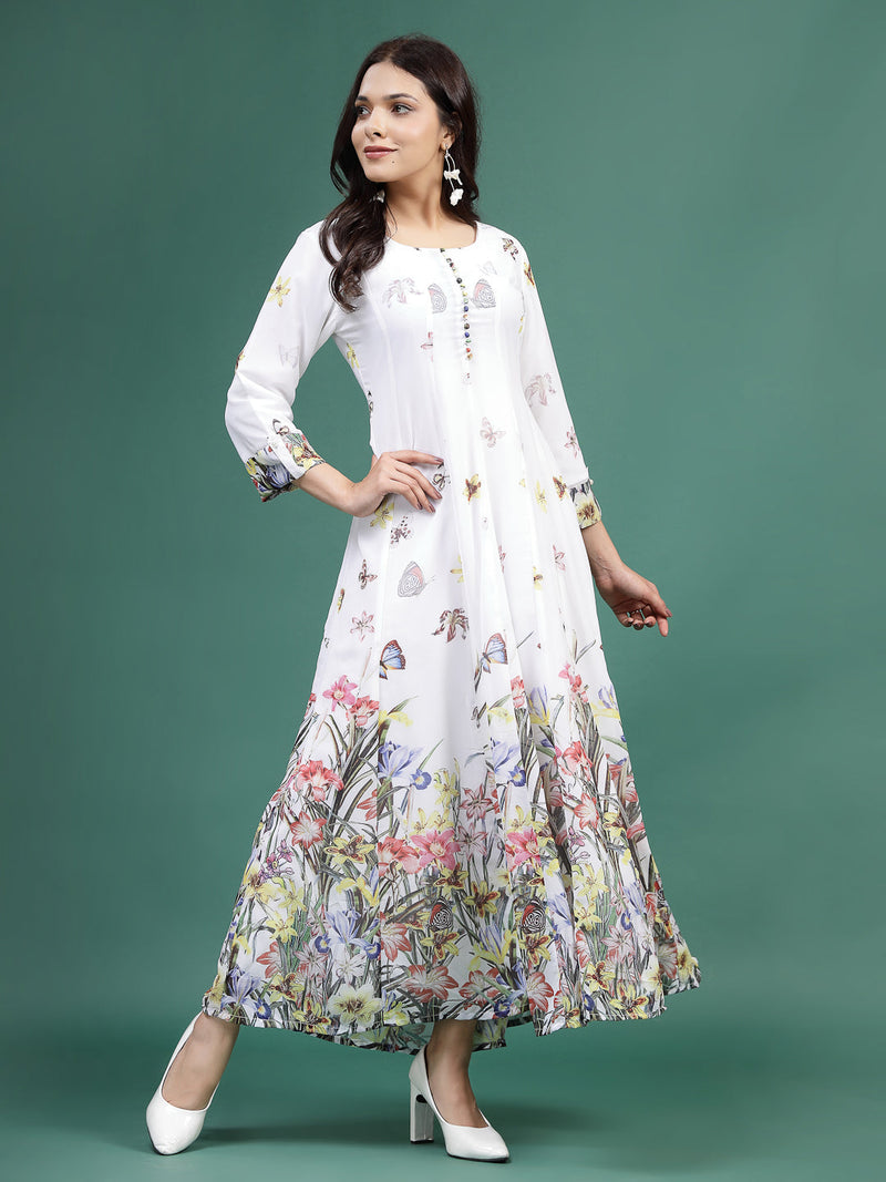 Women White Floral Printed A-Line Ethnic Dress