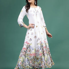 Women White Floral Printed A-Line Ethnic Dress