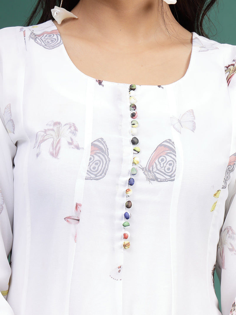 Women White Floral Printed A-Line Ethnic Dress